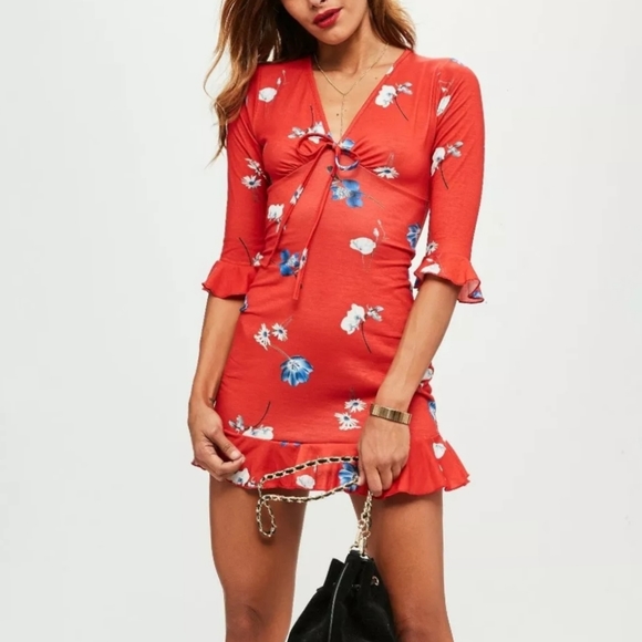 Missguided Dresses & Skirts - Missguided Red Printed Ruffle Jersey Tea